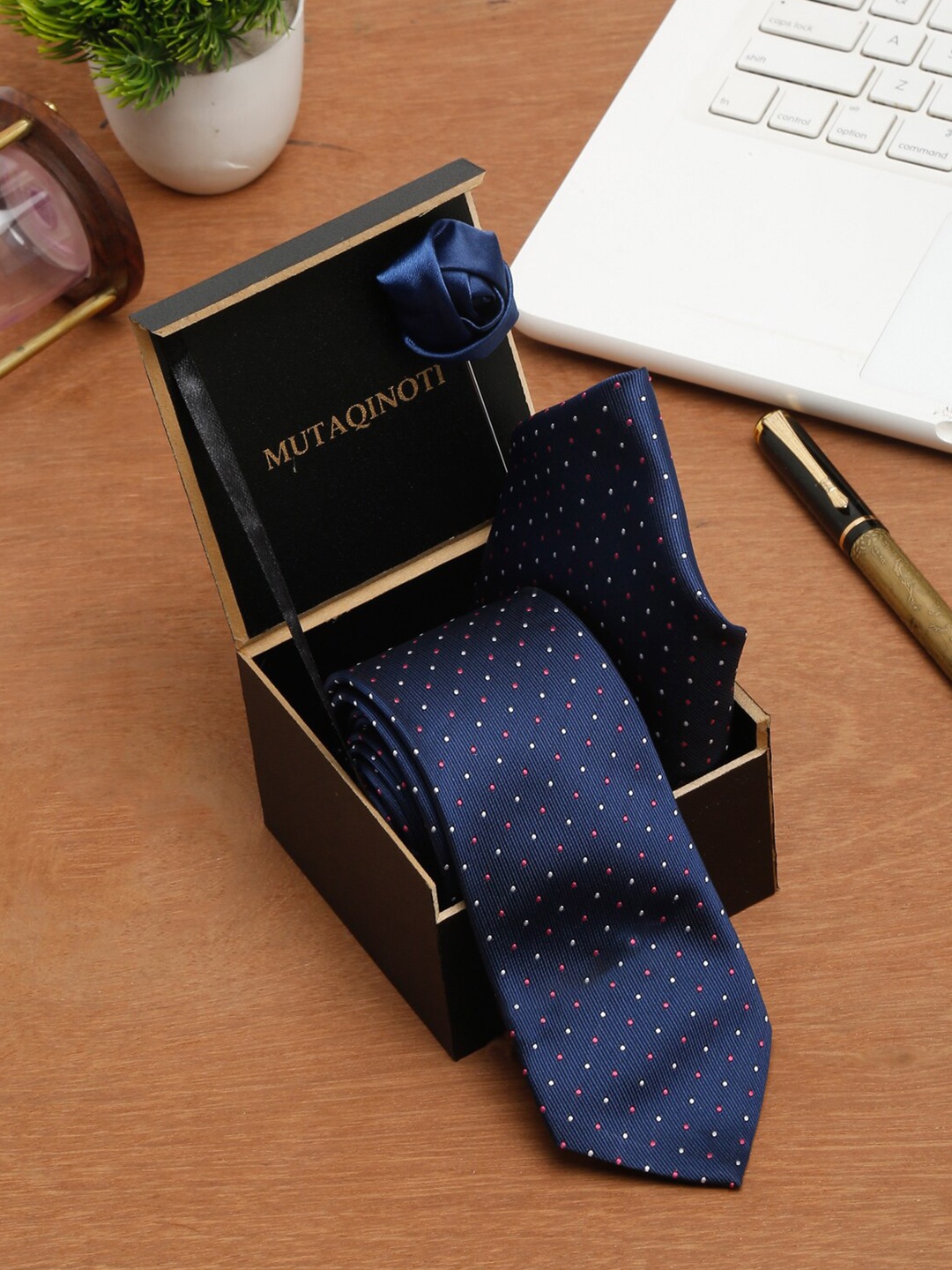 

MUTAQINOTI Men Blue Printed Silk Formal Tie Accessory Gift Set