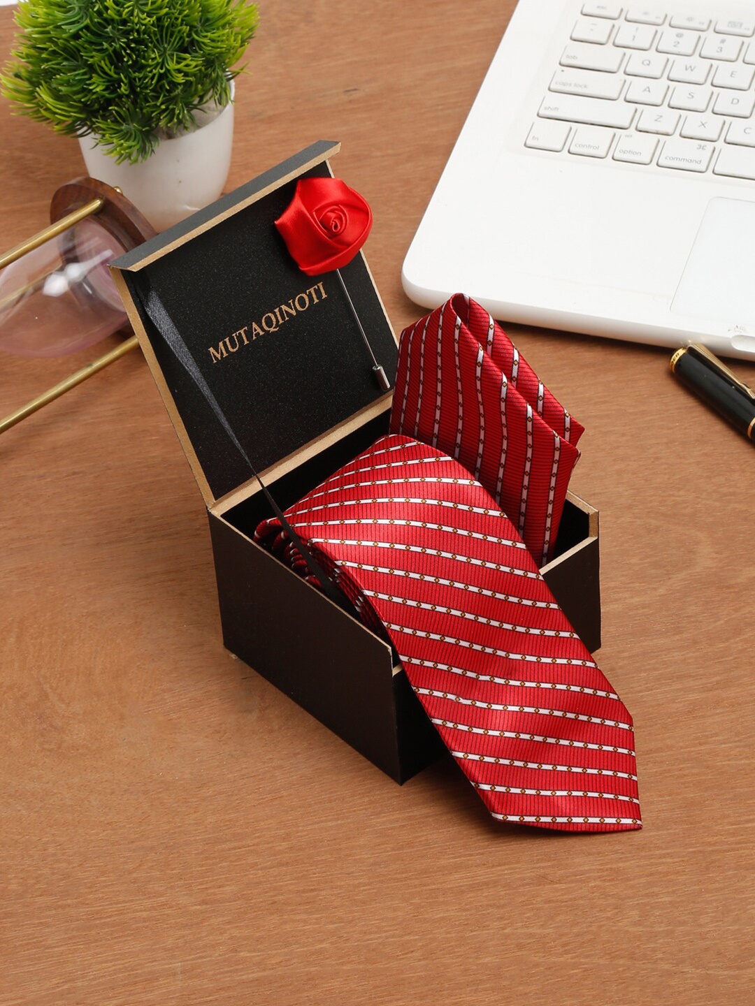 

MUTAQINOTI Men Red & White Formal Tie Accessory Gift Set