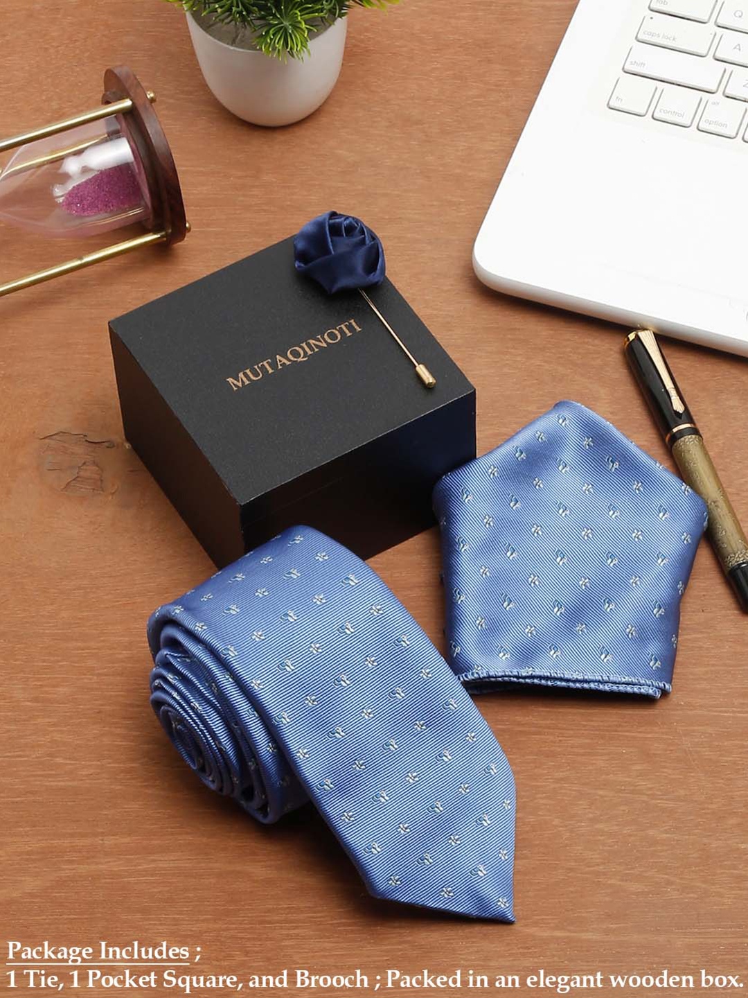 

MUTAQINOTI Men Silk Tie Pocket Square Brooch Accessory Gift Set, Blue