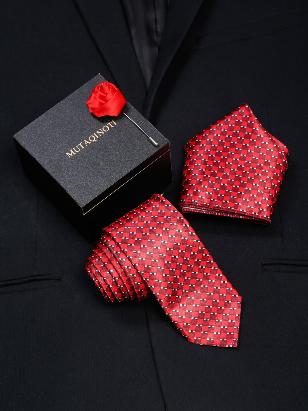 

MUTAQINOTI Men Polyester Formal Tie Pocket Square Brooch Accessory Gift Set, Red