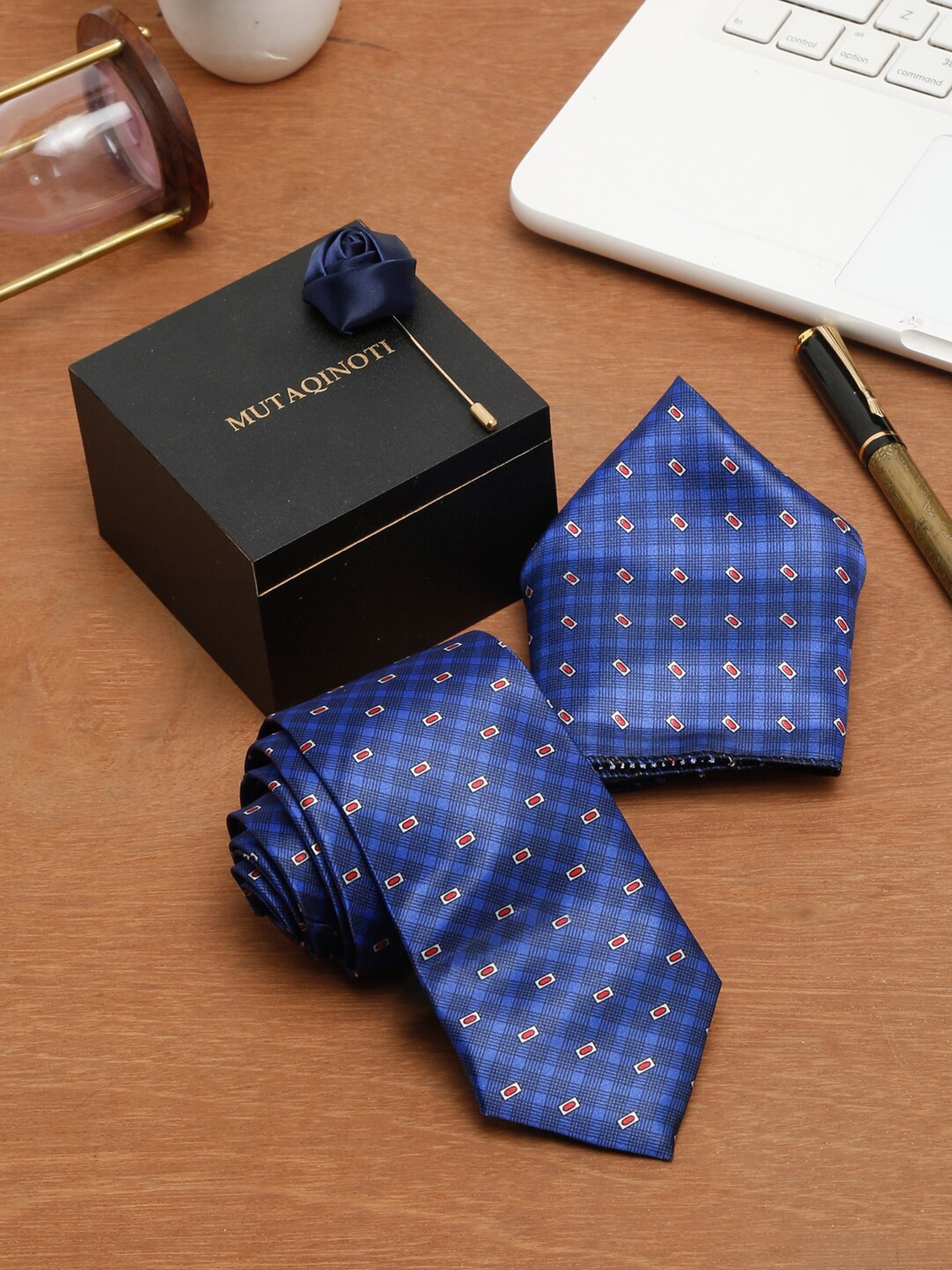 

MUTAQINOTI Men Blue Polyester Tie Cufflinks Pocket Square Accessory Gift Set