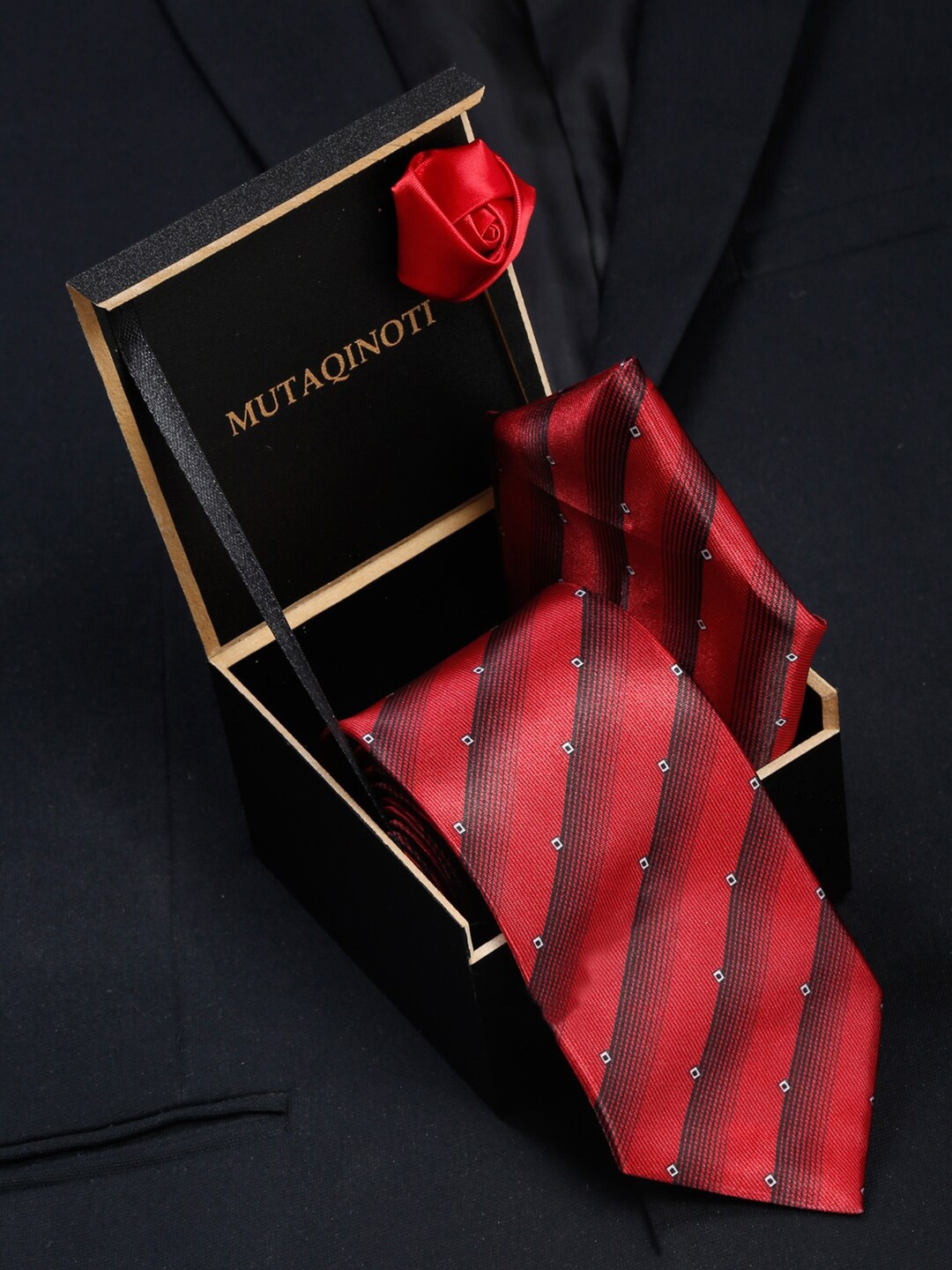 

MUTAQINOTI Men Polyester Necktie Pocket Square Brooch Accessory Gift Set, Red