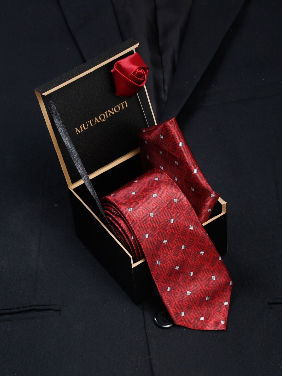 

MUTAQINOTI Men Polyester Necktie Pocket Square Brooch Accessory Gift Set, Red