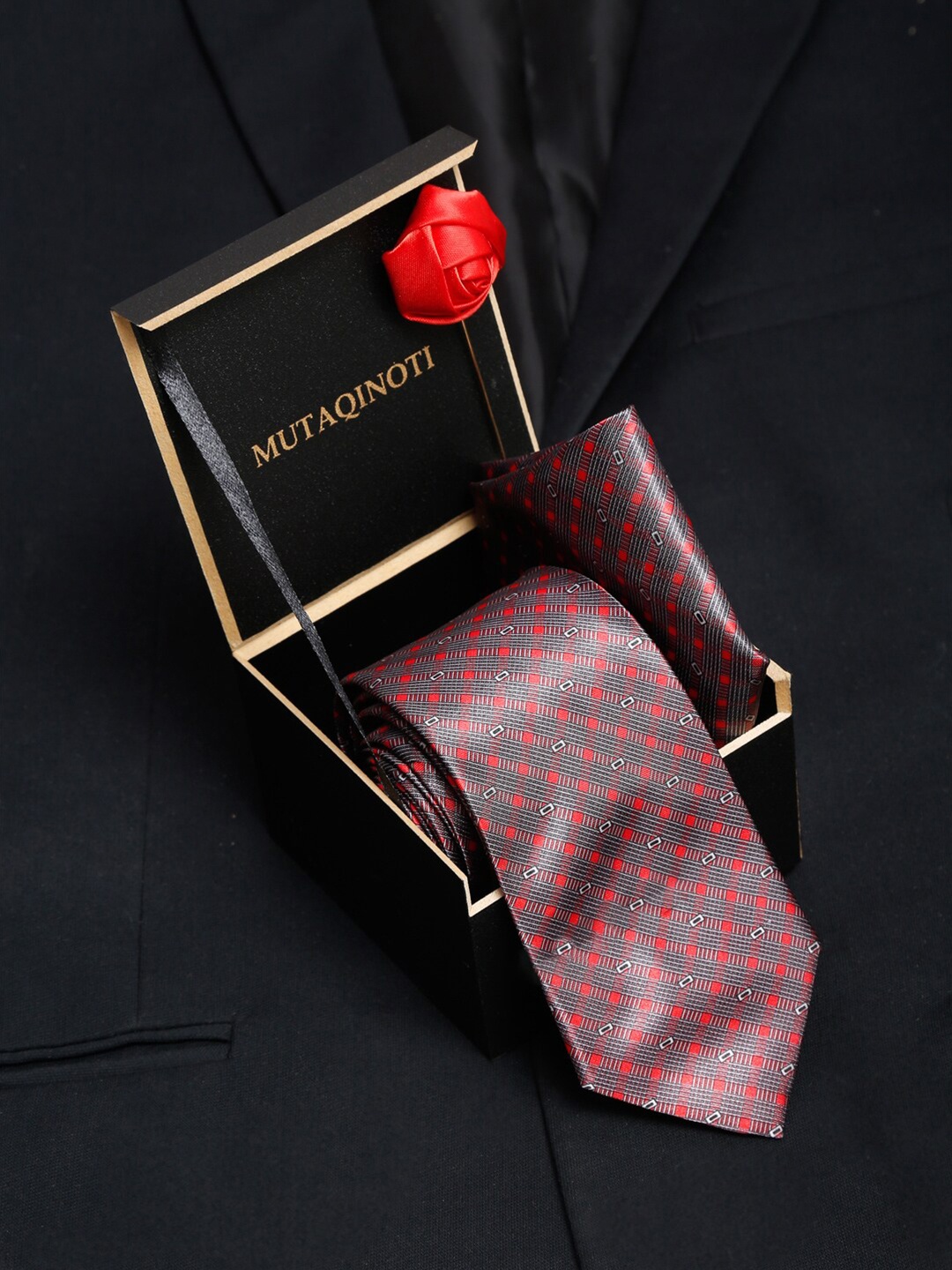 

MUTAQINOTI Men Polyester Formal Necktie Pocket Square Brooch Accessory Gift Set, Red