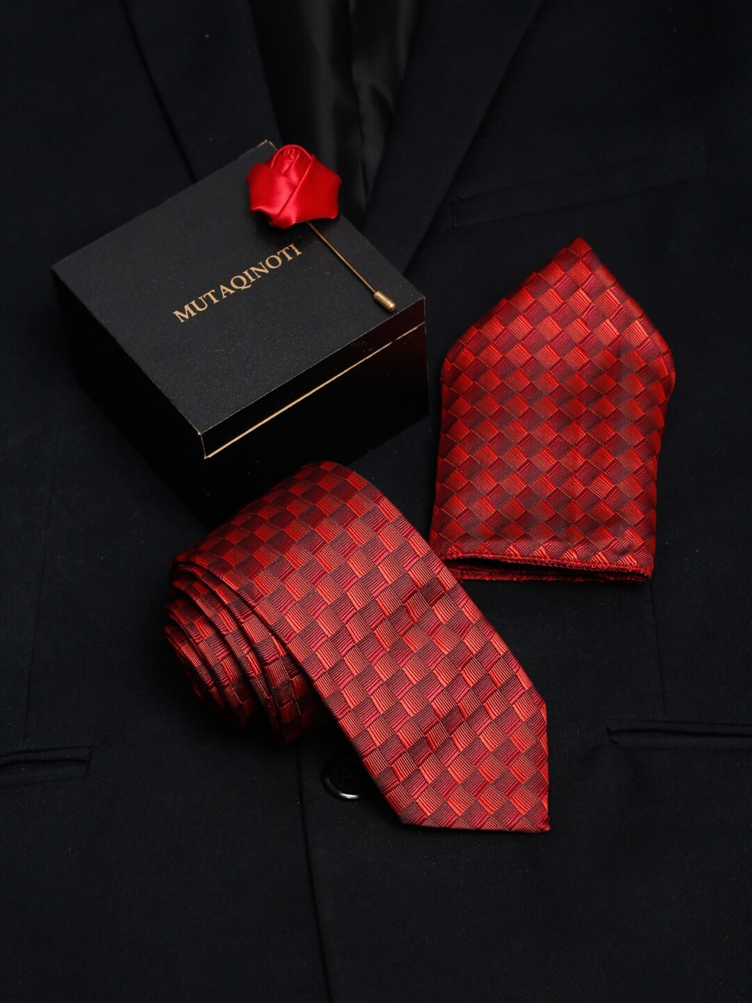 

MUTAQINOTI Men Red Silk Formal Tie Accessory Gift Set