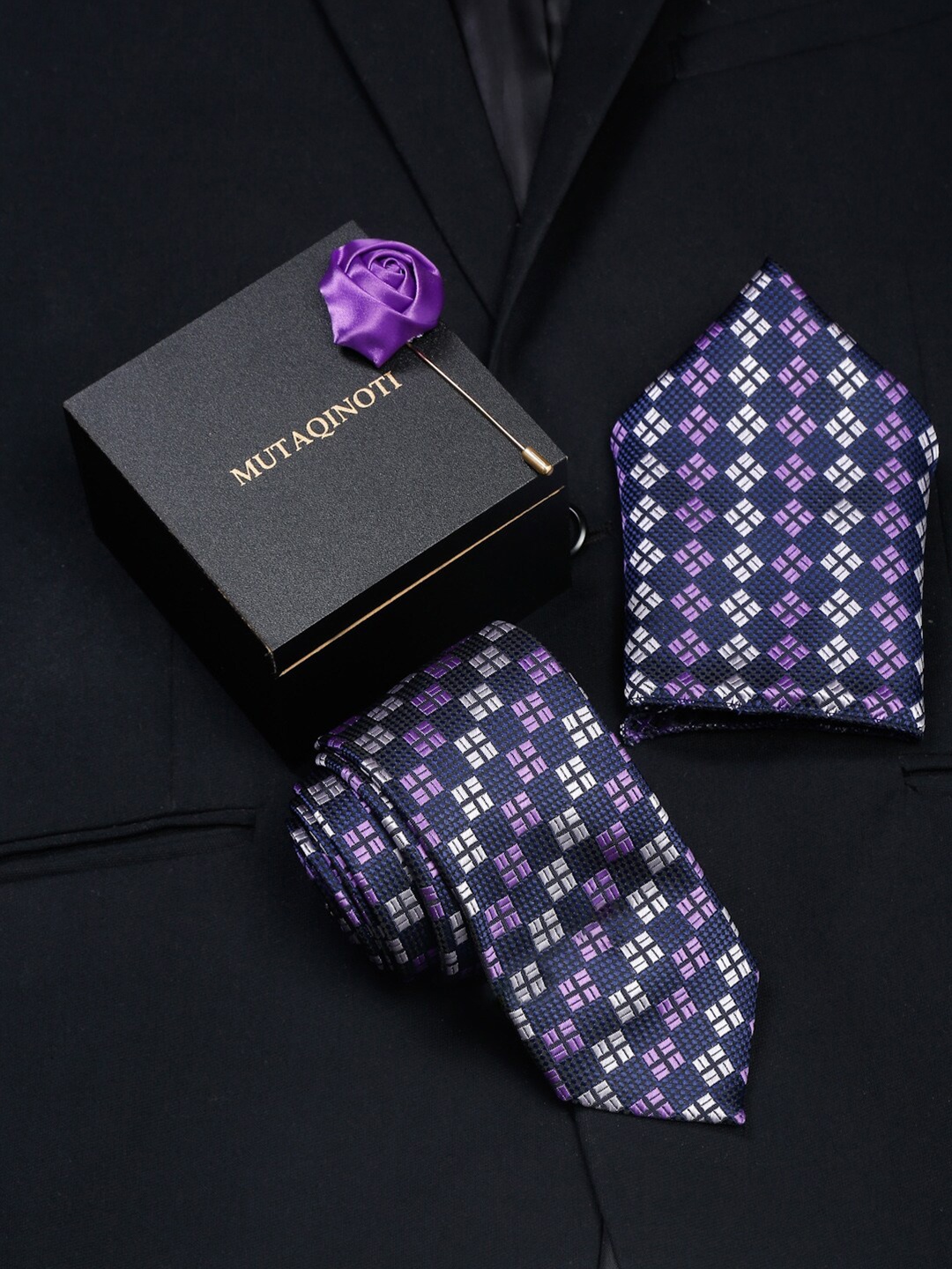 

MUTAQINOTI Men Silk Formal Tie Pocket Square Brooch Accessory Gift Set, Purple