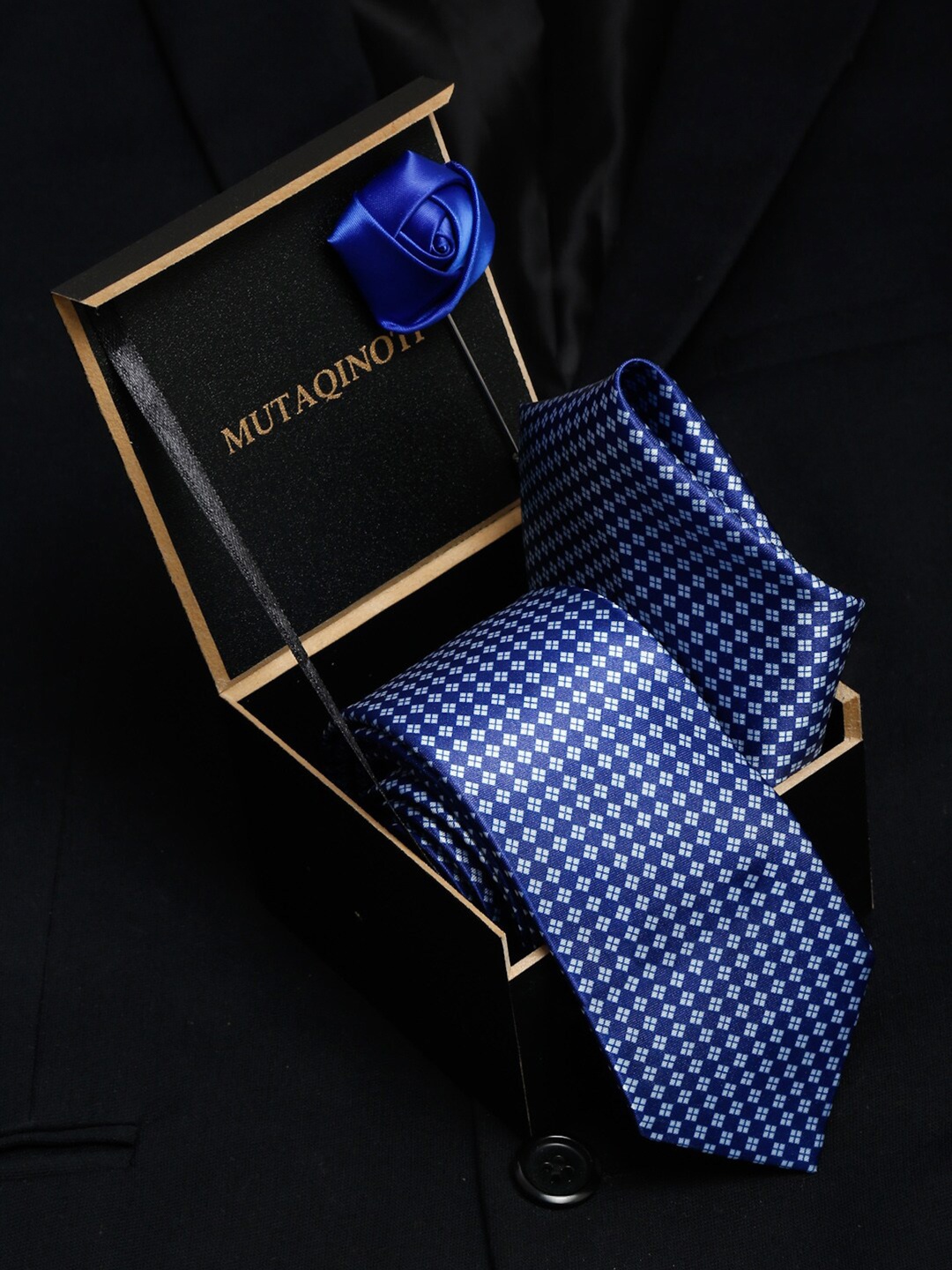 

MUTAQINOTI Men Blue Polyester Tie Cufflinks Pocket Square Accessory Gift Set