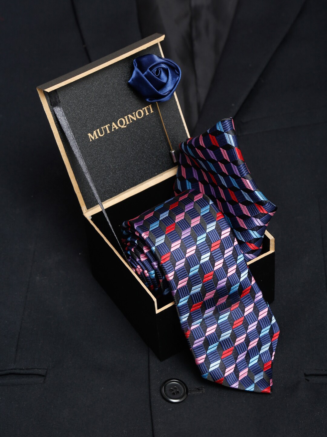 

MUTAQINOTI Men Navy Blue & Pink Printed Tie Cufflinks Pocket Square Accessory Gift Set