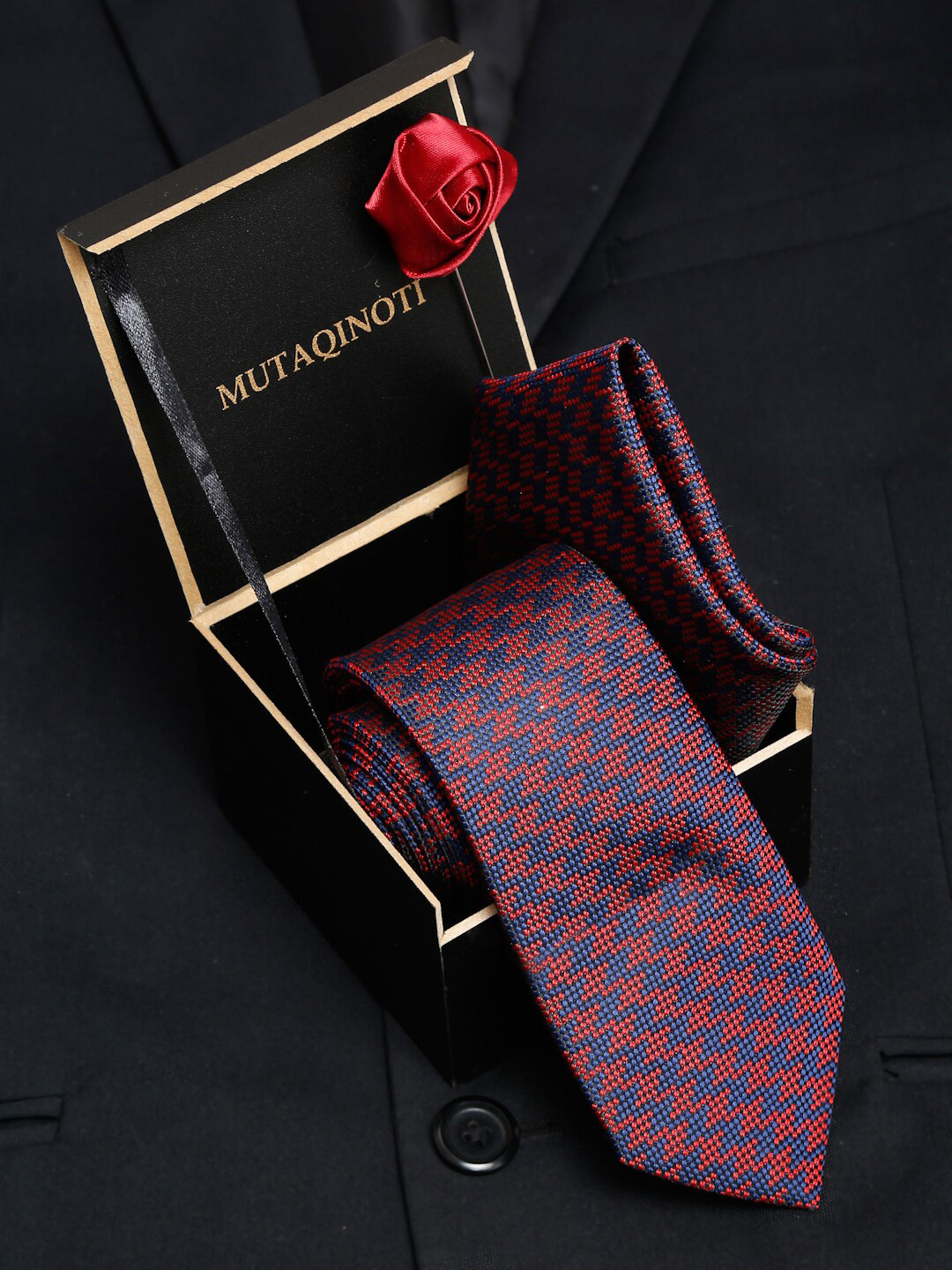

MUTAQINOTI Men Red & Blue Printed Silk Formal Tie Accessory Gift Set