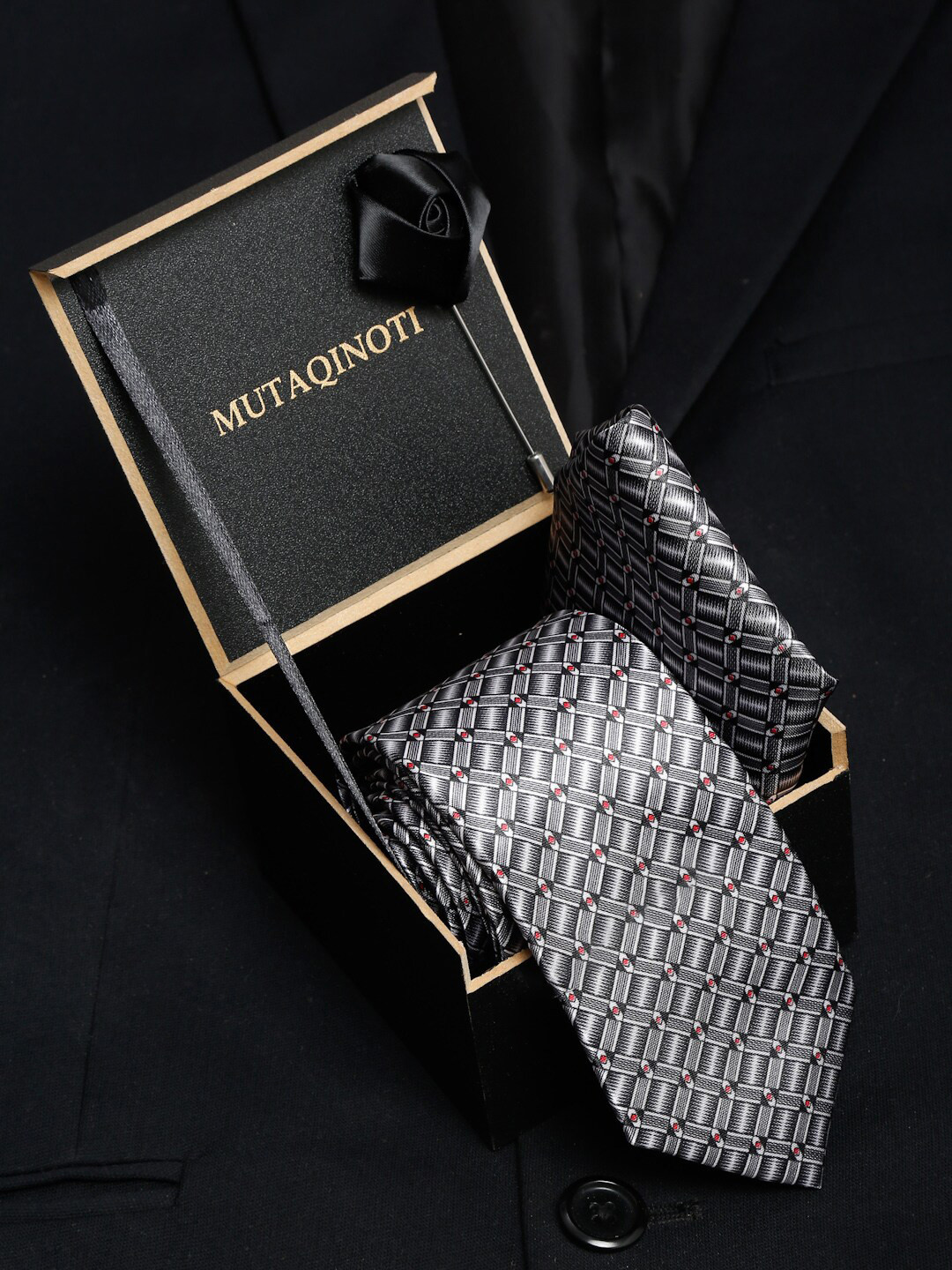 

MUTAQINOTI Men Polyester Necktie Pocket Square Brooch Accessory Gift Set, Black