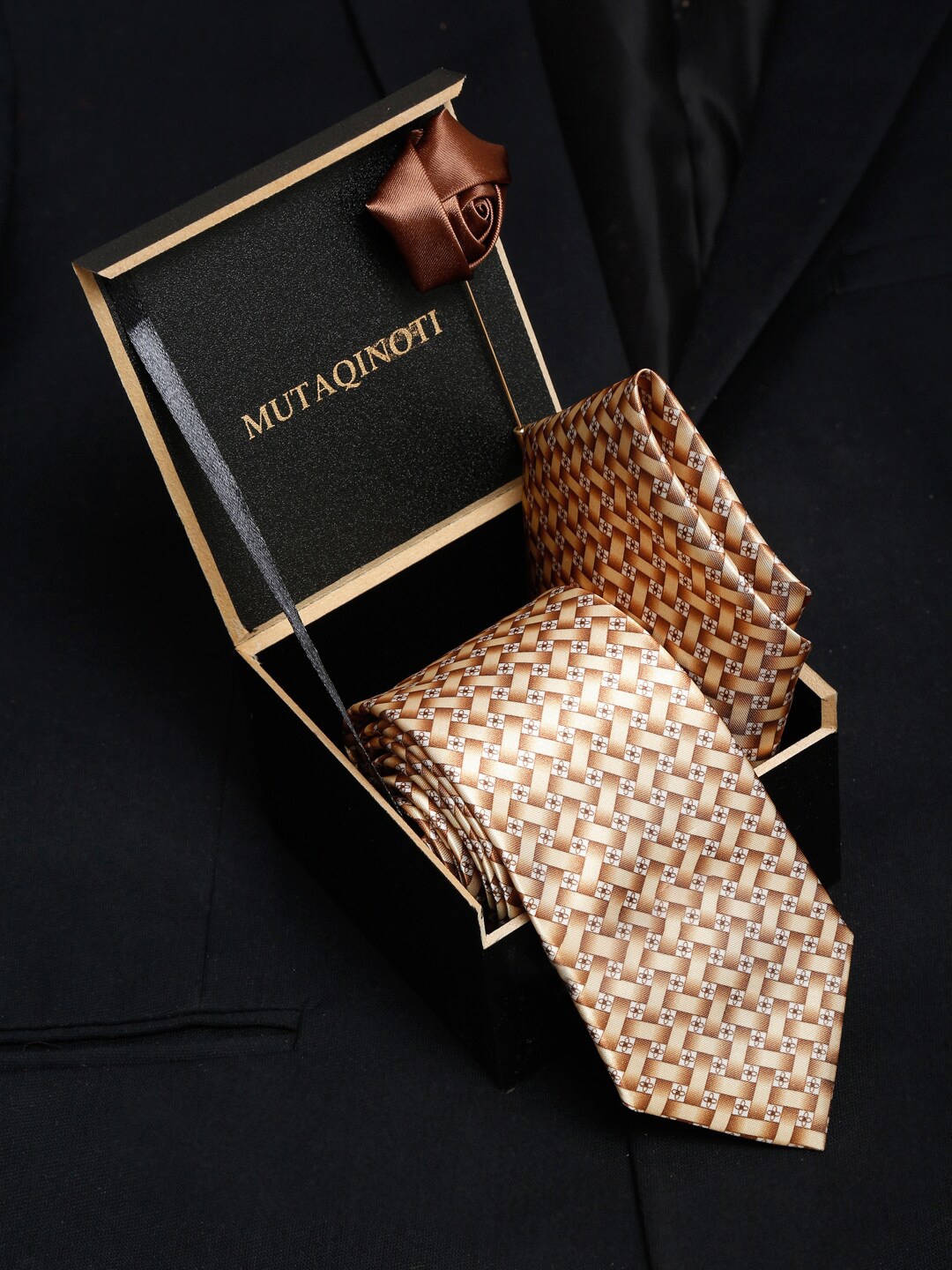 

MUTAQINOTI Men Beige Polyester Tie Cufflinks Pocket Square Accessory Gift Set