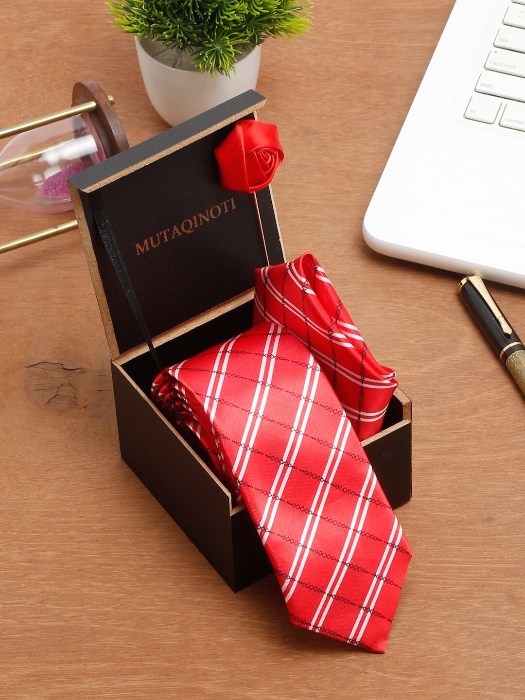 

MUTAQINOTI Men Red & White Double Striped Formal Tie Accessory Gift Set
