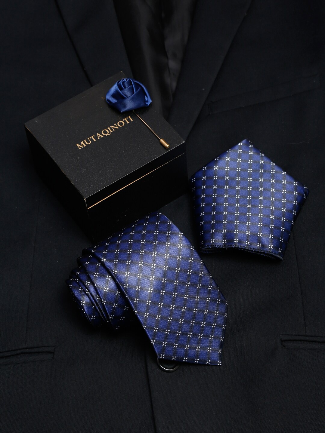 

MUTAQINOTI Men Blue Polyester Tie Cufflinks Pocket Square Accessory Gift Set