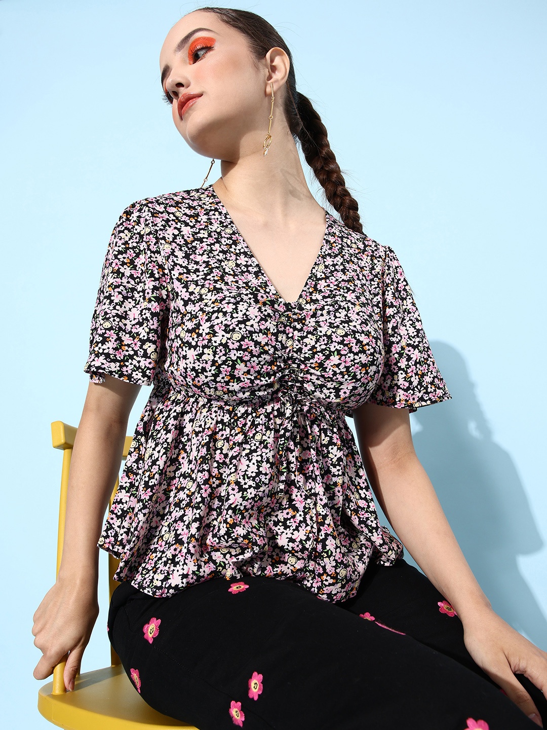 

ANI Black Floral Fluid Tie-Up Top