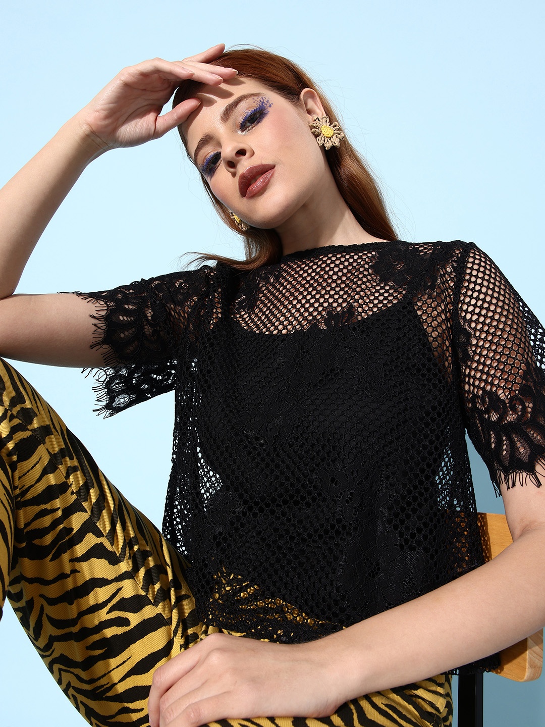

ANI Classy Black Self-Design Lace Inserts Top