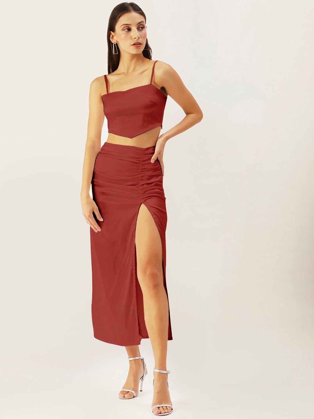 

DressBerry Women Maroon Solid Crop Top & Skirt Co-Ord Set