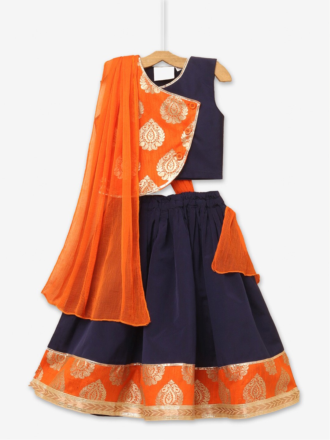 

Hopscotch Girls Blue & Orange Printed Ready to Wear Lehenga