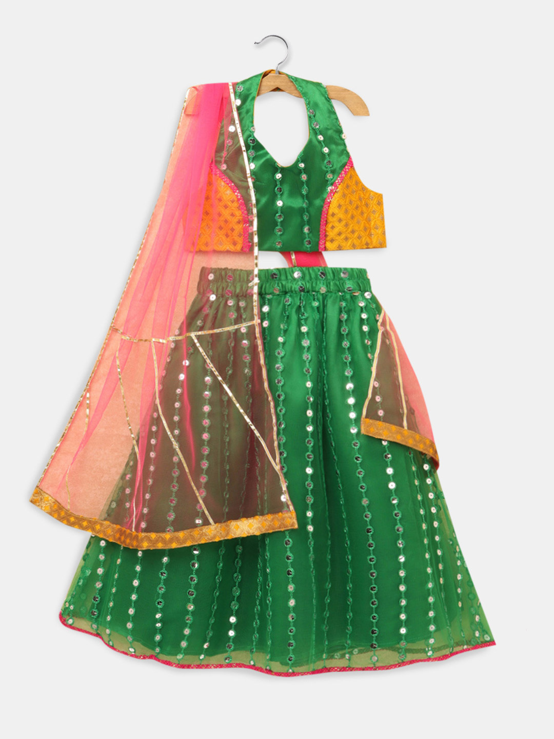 

Hopscotch Girls Green & Pink Embellished Ready to Wear Lehenga