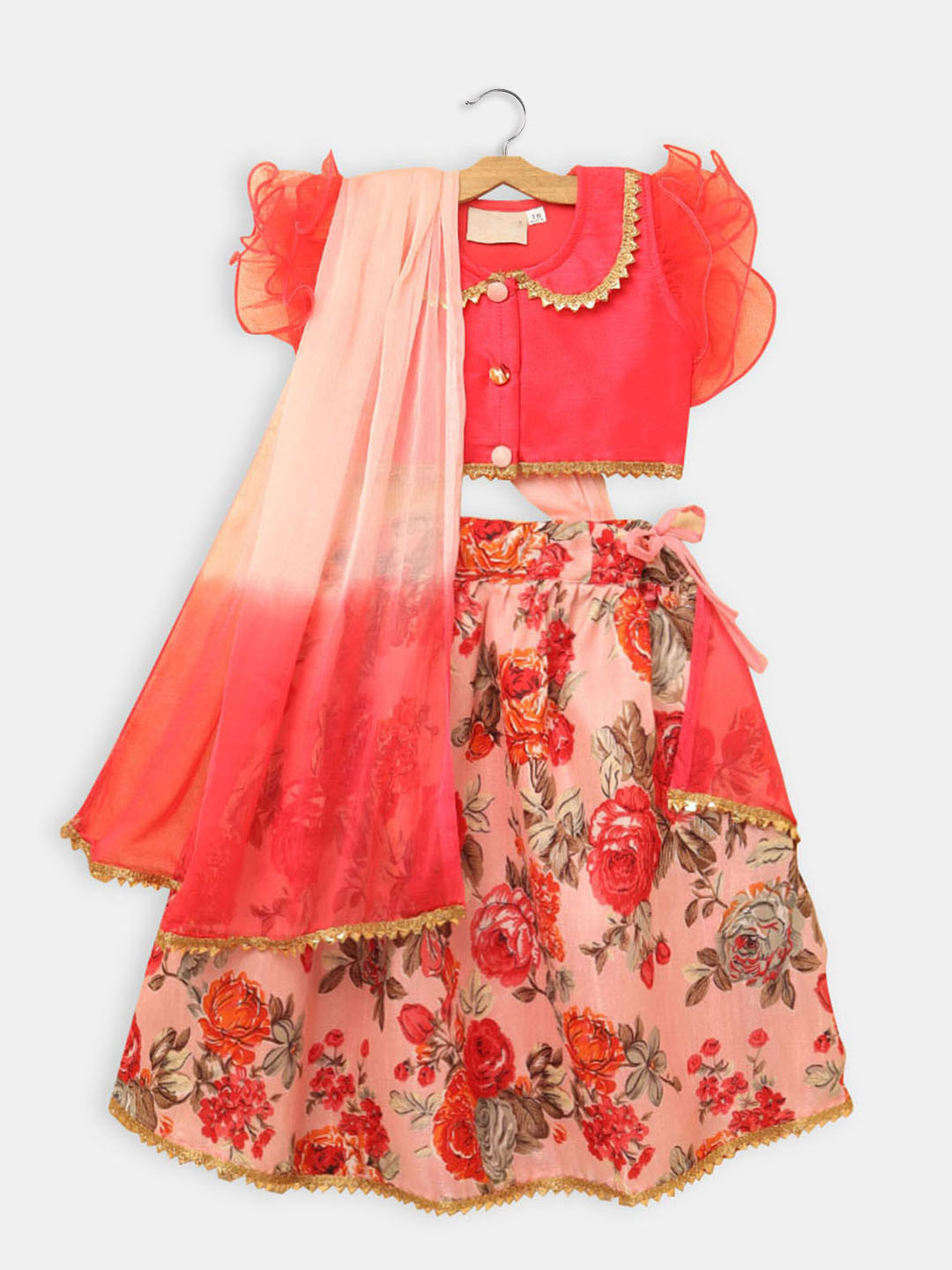 

Hopscotch Girls Pink & Red Ready to Wear Cotton Lehenga & Blouse With Dupatta
