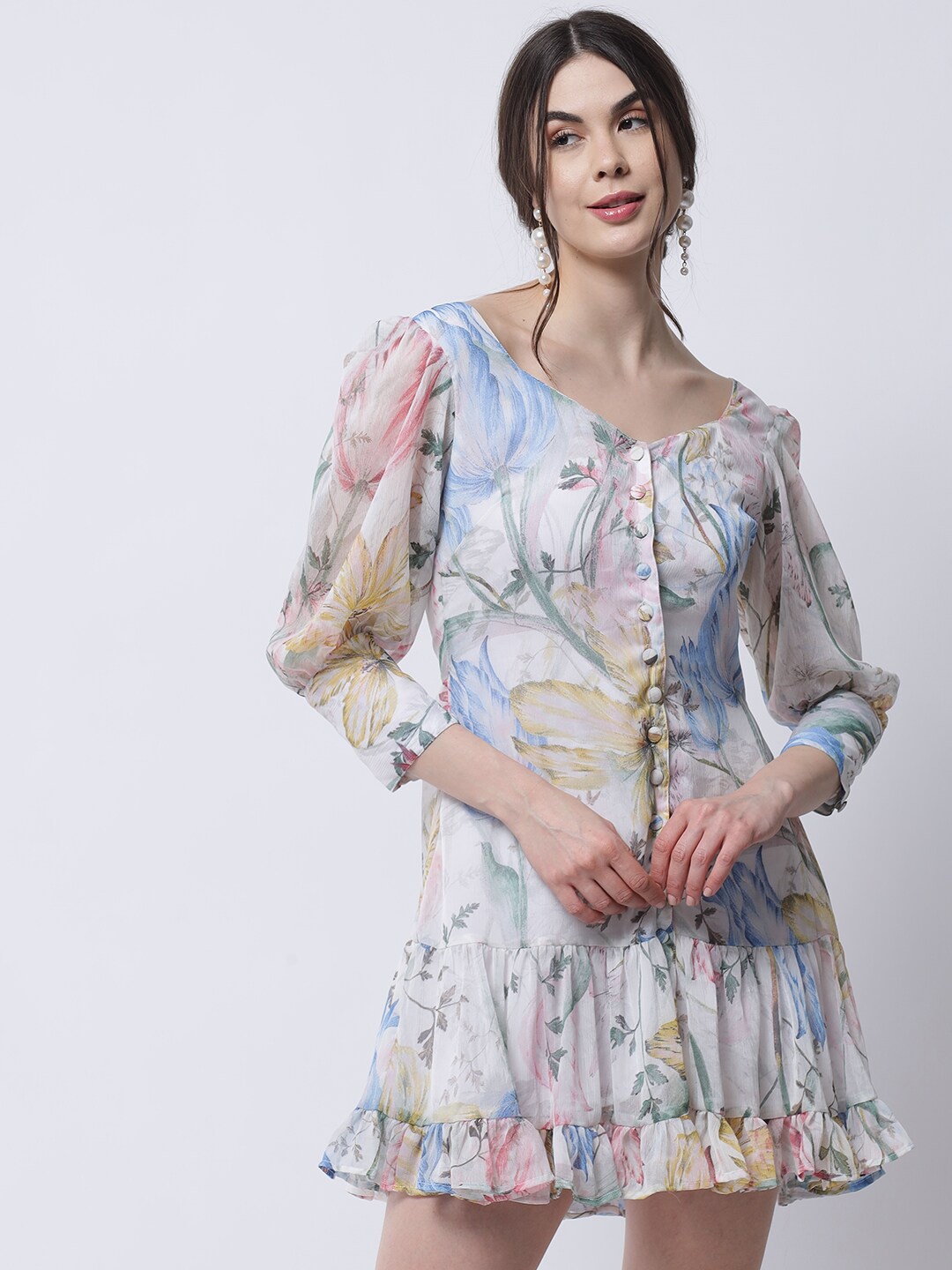 

MARC LOUIS White & Blue Floral Chiffon A-Line Dress