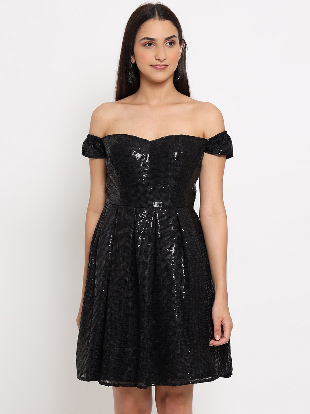 

MARC LOUIS Black Embellished Off-Shoulder Georgette Dress