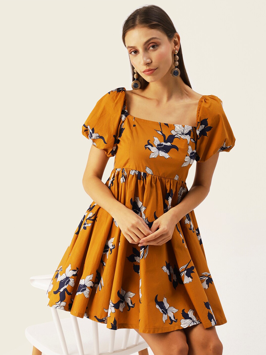 

DressBerry Women Orange Floral Printed Puff Sleeve Short Dress