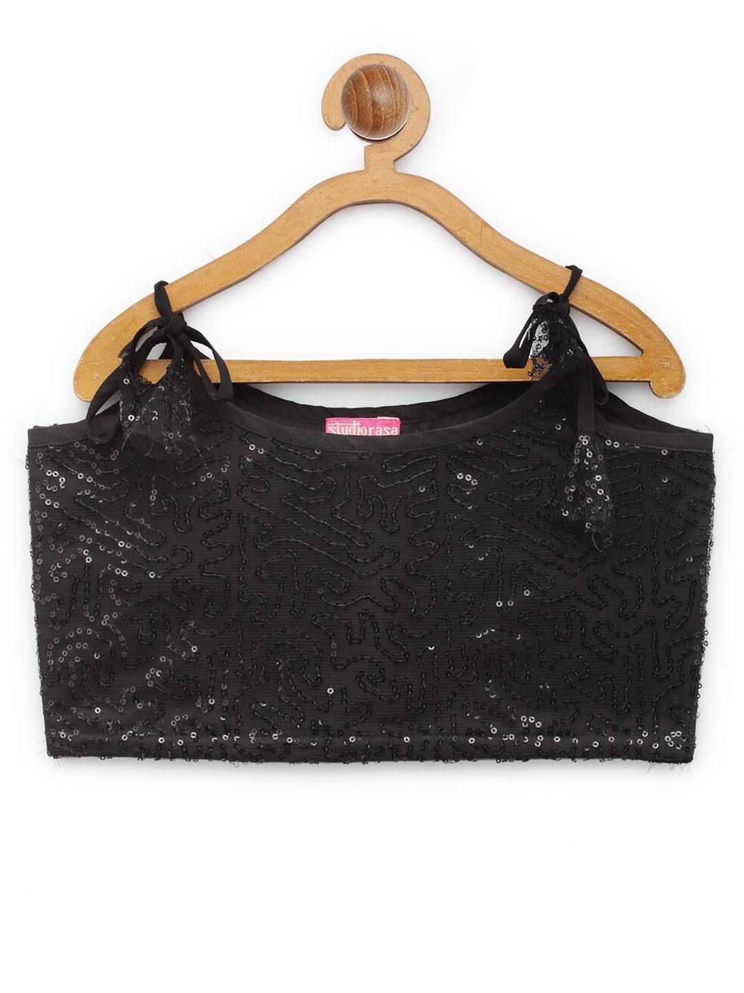 

studio rasa Girls Black Embellished Embroidered Net Crop Top