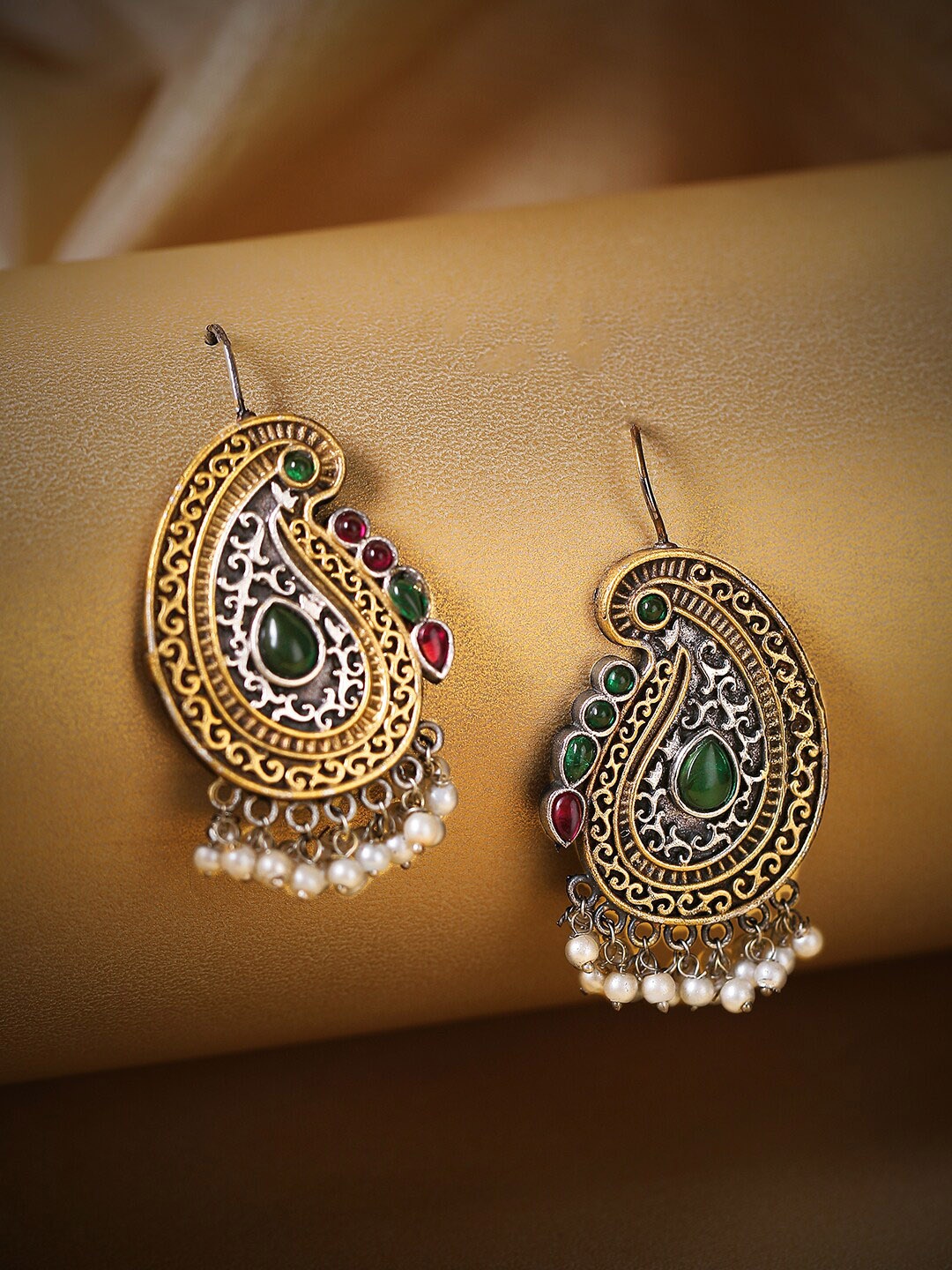 

Rubans Oxidized Gold & Silver Plated Red & Green Stone Studded, Pearls Beads Drop Earrings