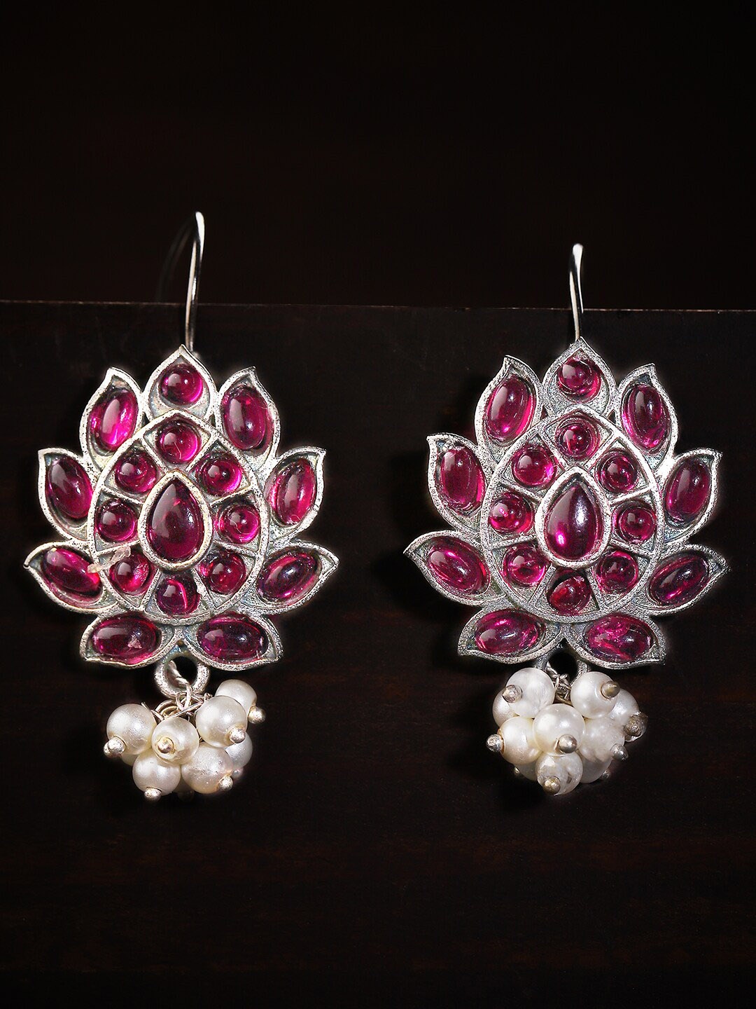 

Rubans Pink & Silver-Toned Silver Plated Floral Drop Earrings