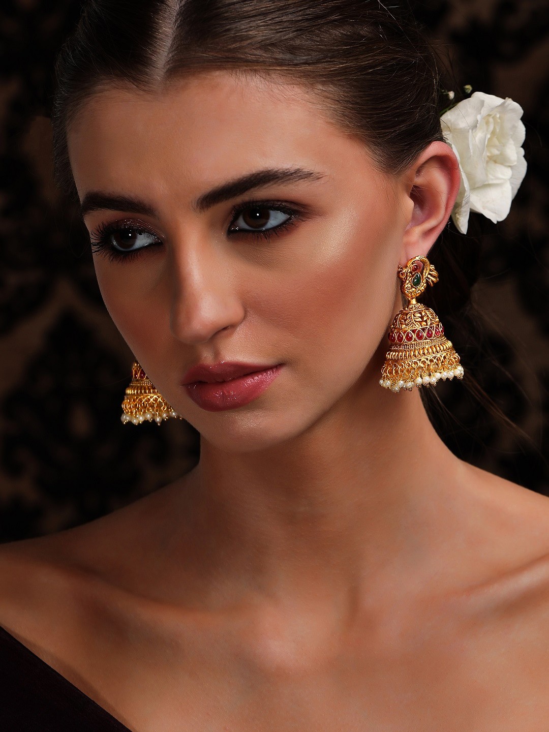 

Rubans Women Pink Peacock Shaped 24K Gold Plated Jhumkas Earrings
