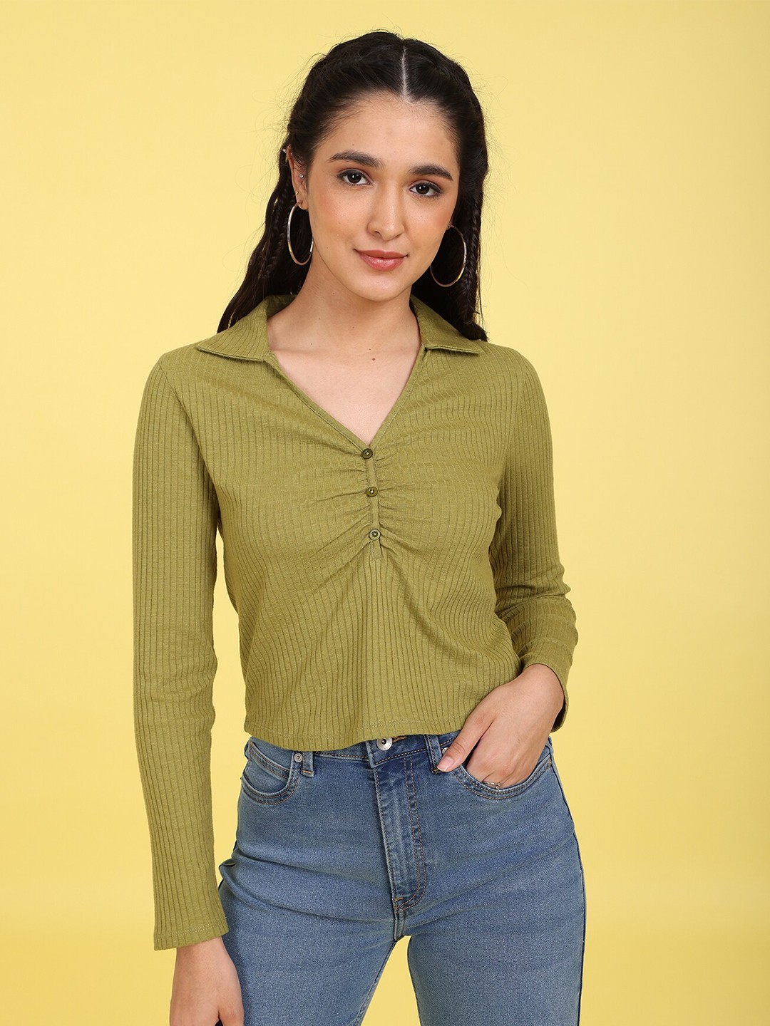 

Flying Machine Women Olive Green Self Design Top