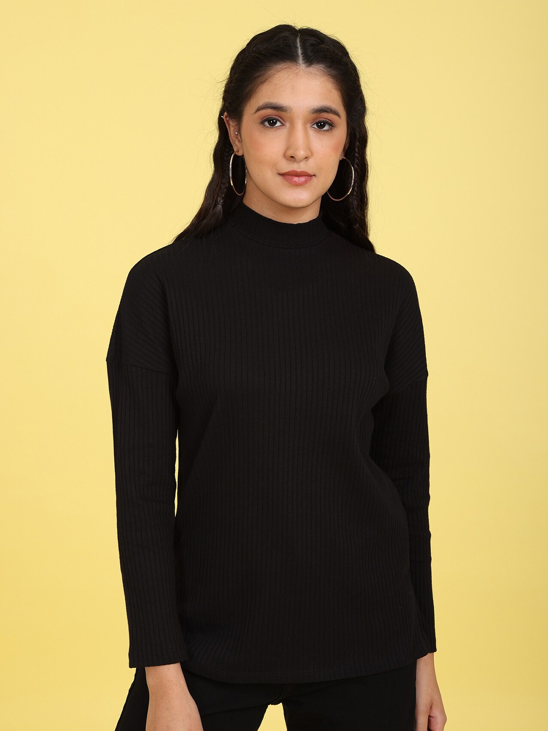 

Flying Machine Black Self Design High Neck Top