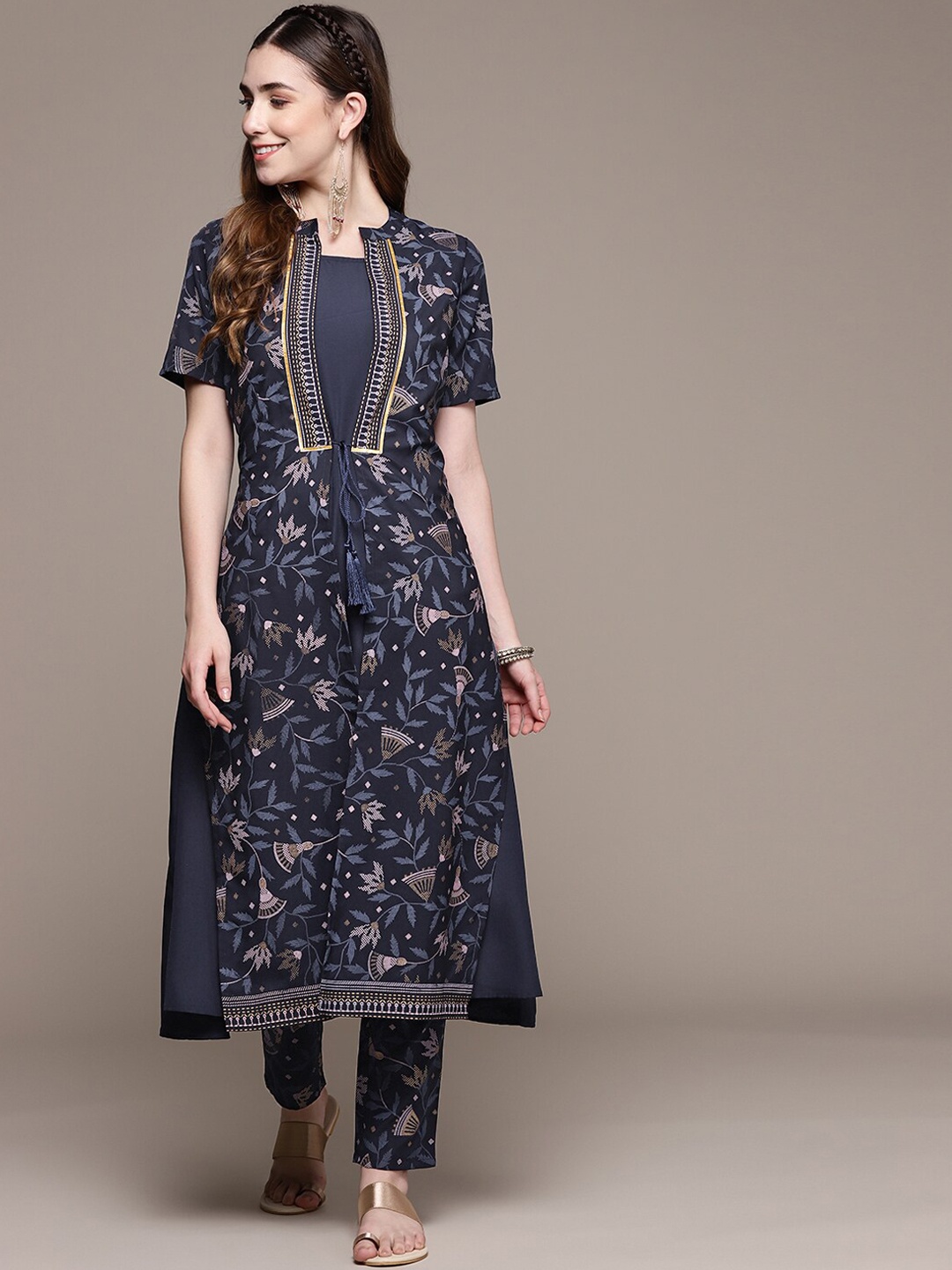 

ZIYAA Women Ethnic Motifs Printed Kurta with Trousers, Navy blue