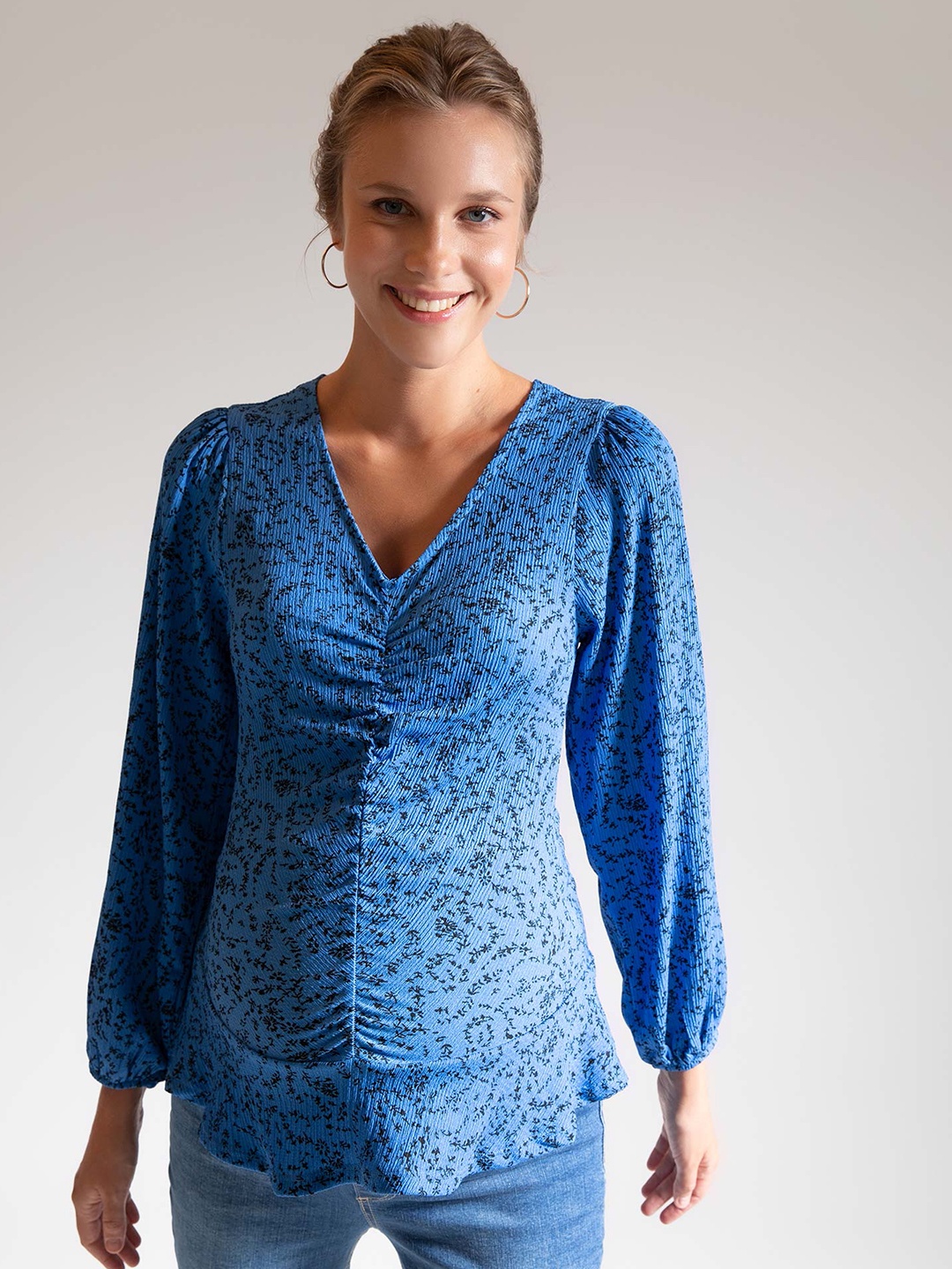 

DeFacto Blue & Black Print Top