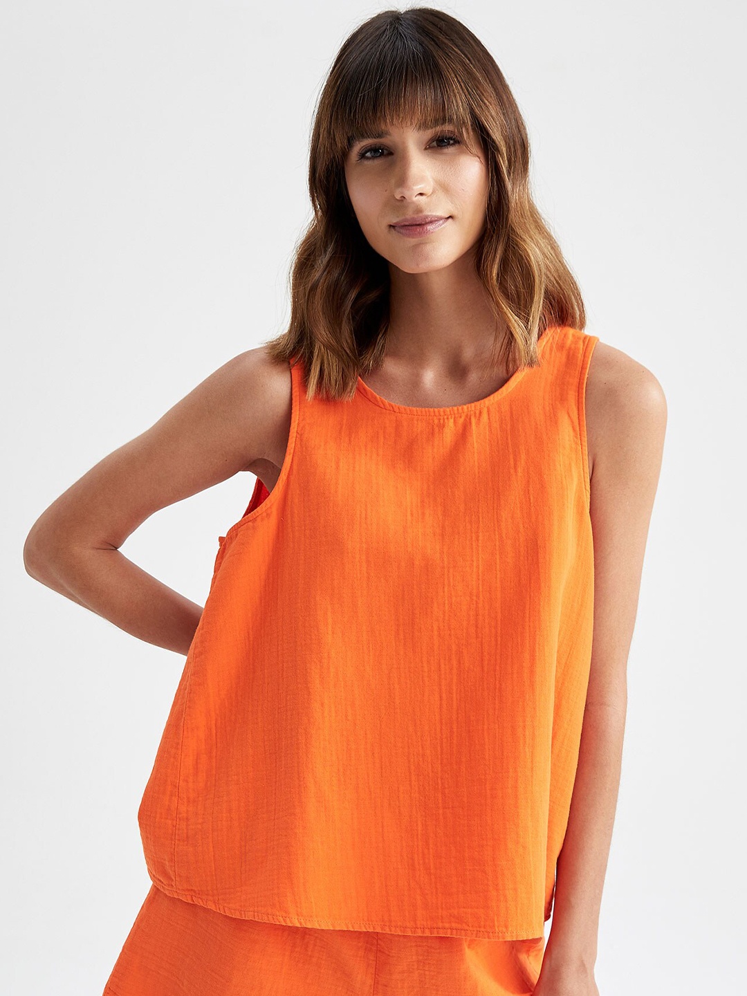 

DeFacto Women Orange Solid Pure Cotton Top