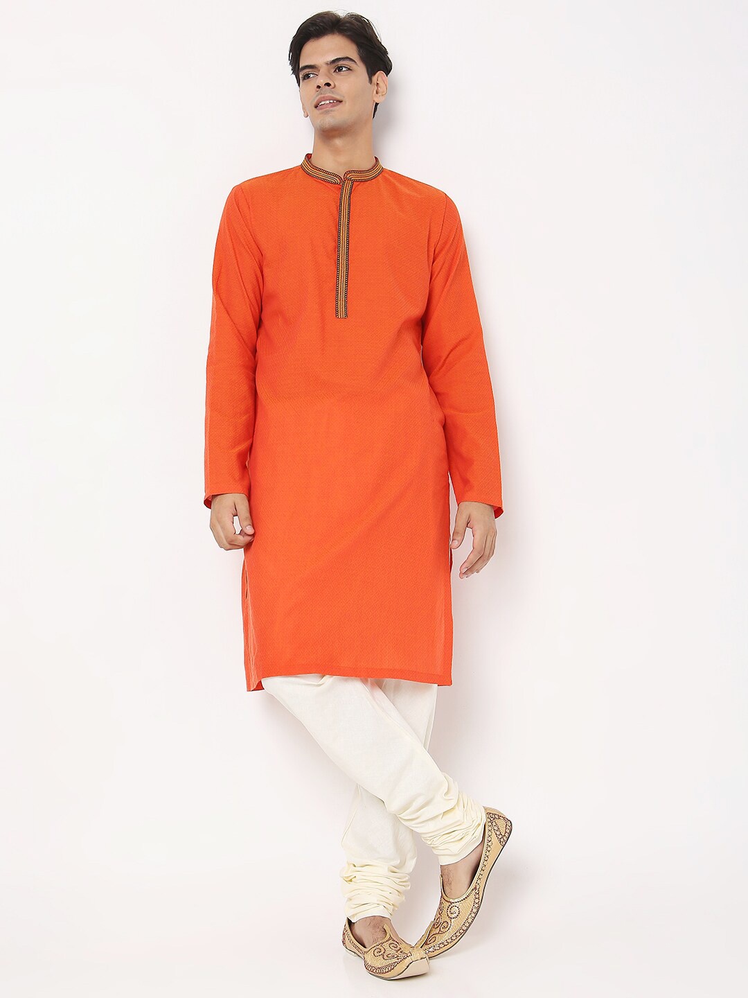 

Ethnicity Men Orange Yoke Design Thread Work Kurta