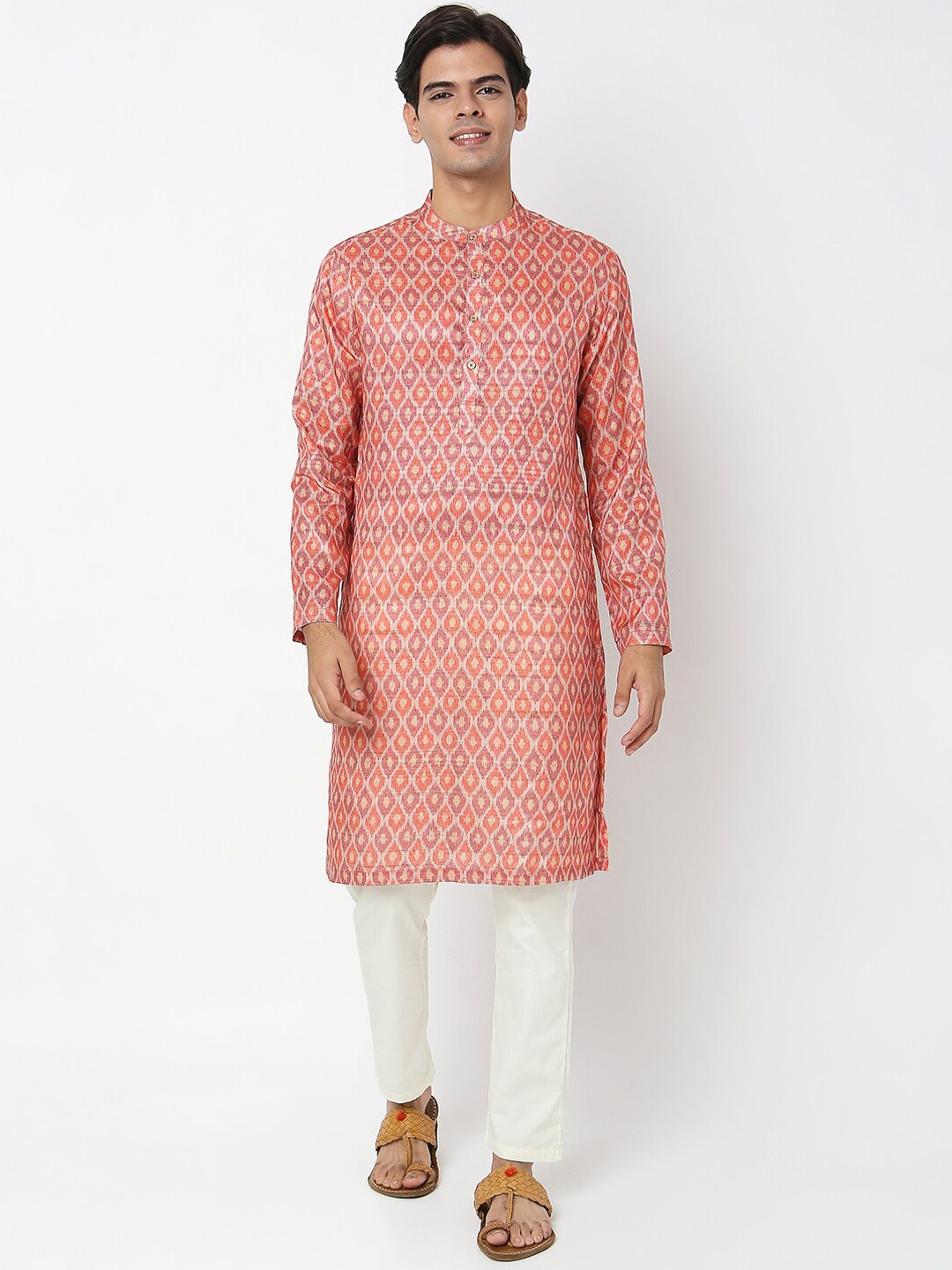 

Ethnicity Men Orange Woven Design Straight Kurta