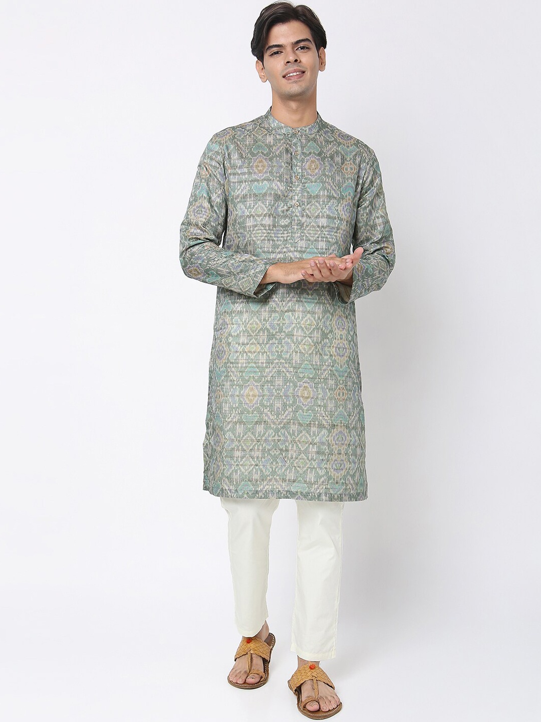 

Ethnicity Men Green Woven Design Straight Kurta