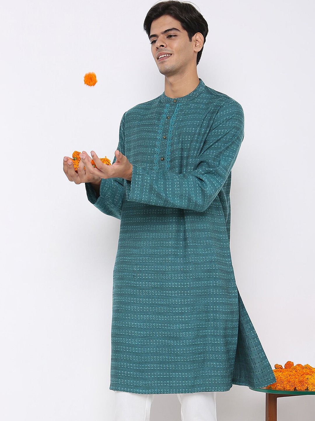 

Ethnicity Men Blue Woven Design Thread Work Straight Kurta