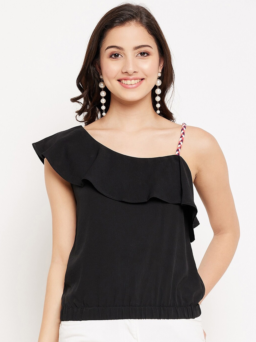 

WineRed Women Black One Shoulder Crepe Top