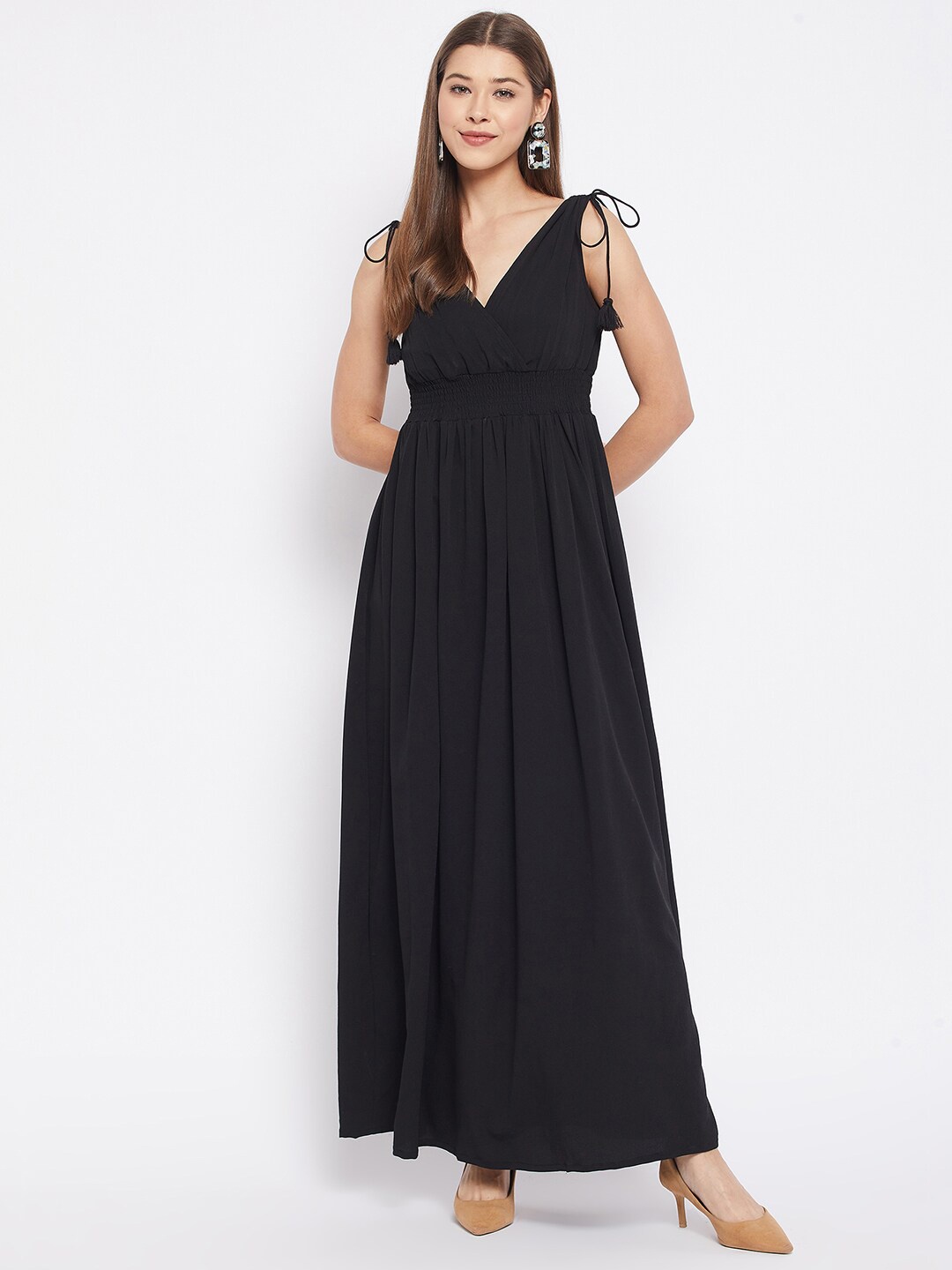 

WineRed Women Black Crepe Smocked Maxi Dress