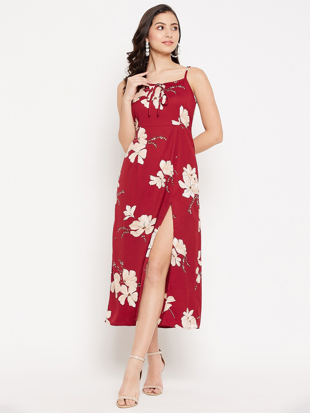 

WineRed Women Maroon & Beige Floral Printed A-Line Midi Dress