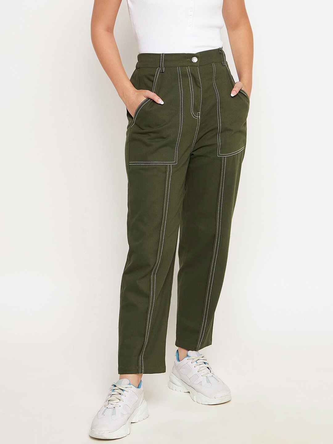 

WineRed Women Olive Green Relaxed High-Rise Easy Wash Trouser