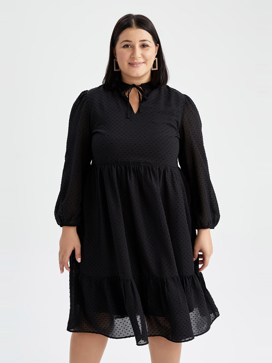 

DeFacto Women Plus Size Black Self Design Tie-Up Neck Dress
