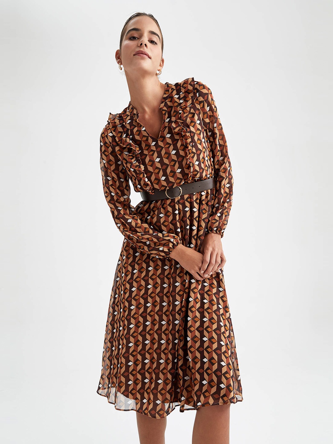 

DeFacto Brown & Beige Geometric Printed Midi Dress