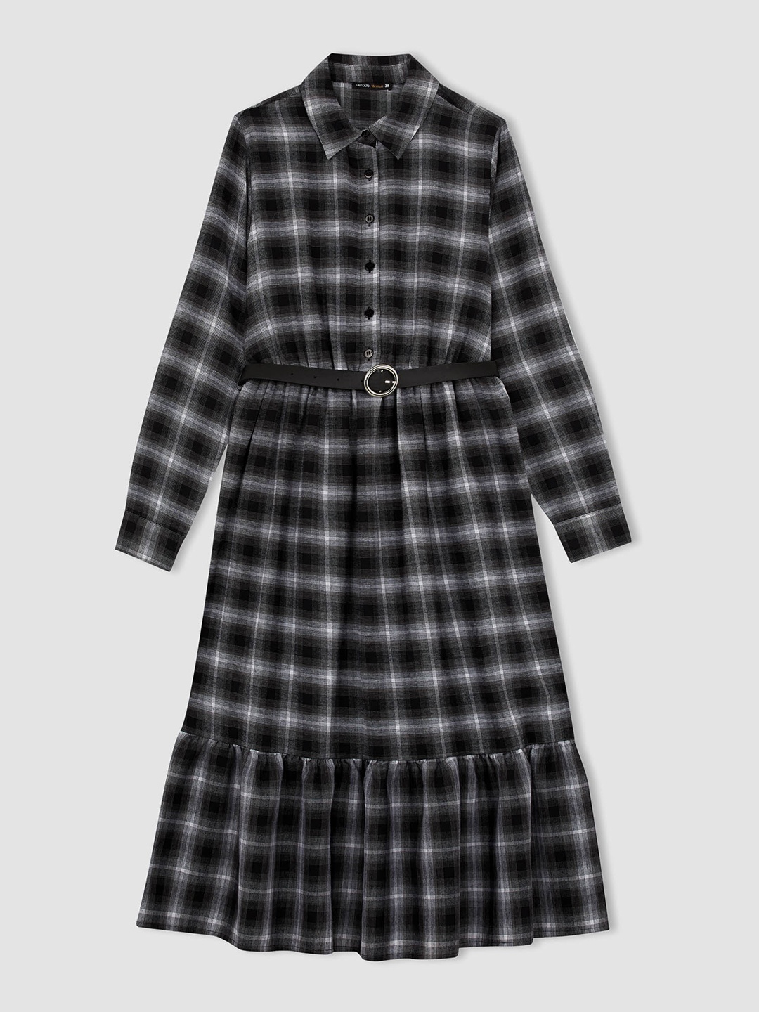 

DeFacto Women Black & White Checked Shirt Midi Dress