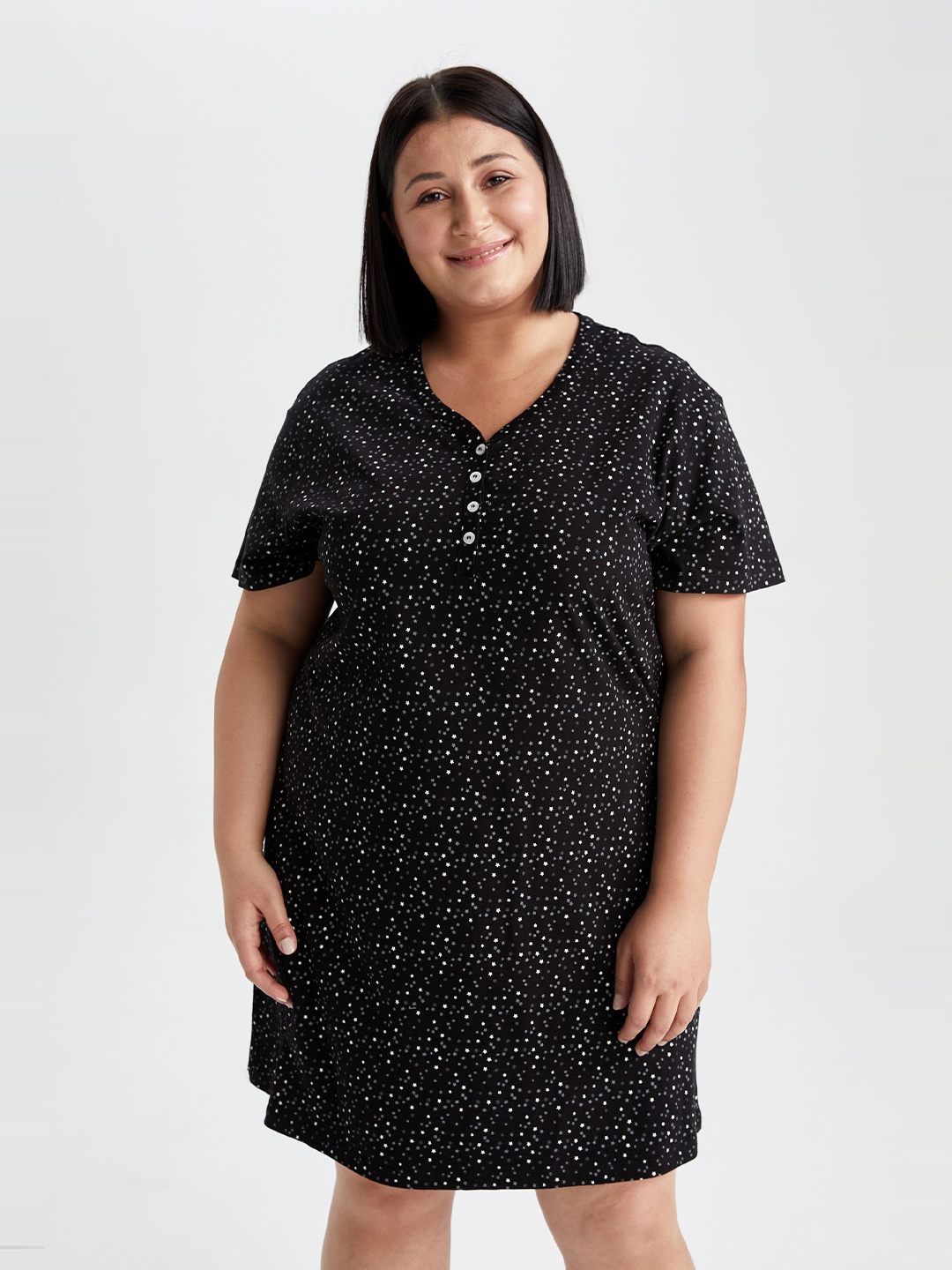 

DeFacto Women Plus Size Black Polka Dots Printed A-Line Dress