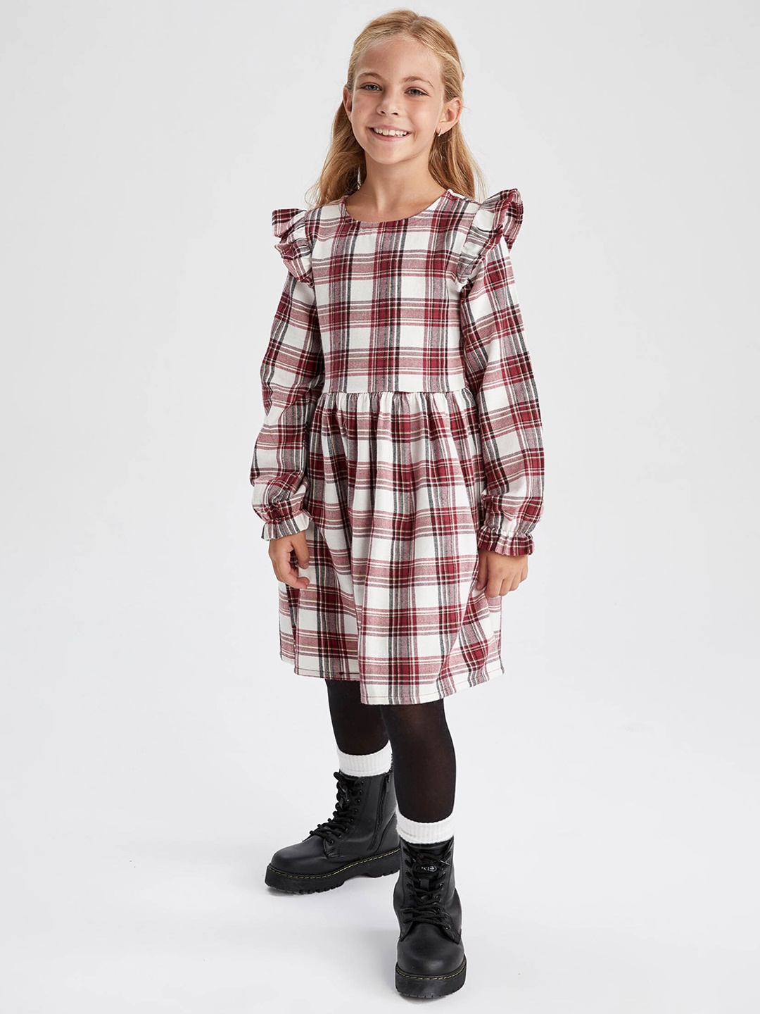 

DeFacto Girls White & Red Checked Pure Cotton Dress