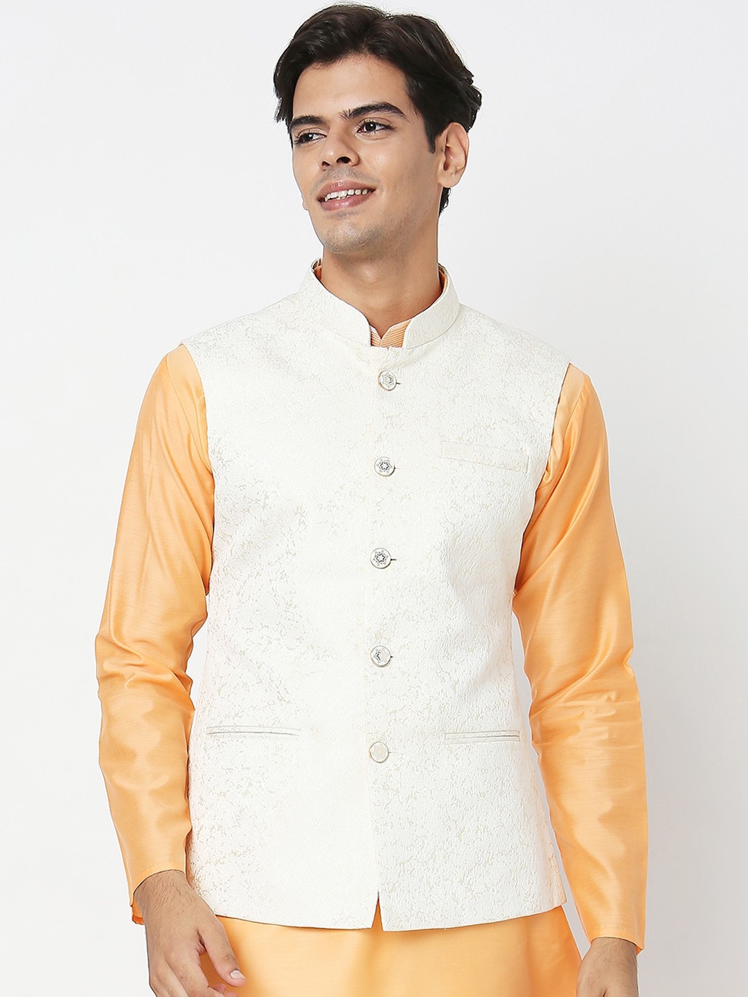 

Ethnicity Men White Solid Woven Nehru Jacket