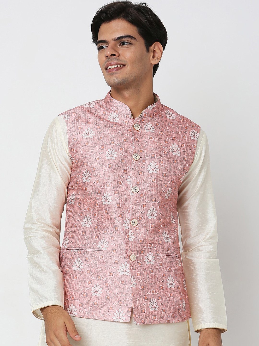 

Ethnicity Men Pink & White Floral Printed Polyester Nehru Jacket